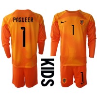Echipament fotbal Olanda Remko Pasveer #1 Portar Tricou Deplasare Mondial 2022 pentru copii maneca lunga (+ Pantaloni scurti)